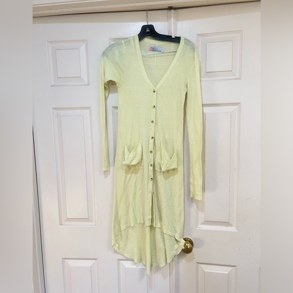 Free People Beach Ribbed Up Button Maxi Cardigan lemon green Women small Boho